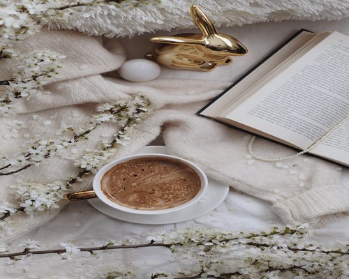 Person reading book with morning coffee and natural light